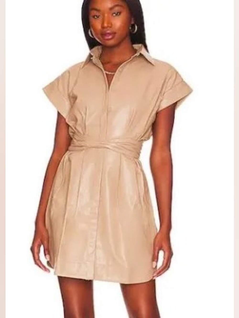 Karina Grimaldi Beige Short-Sleeve Tie-Waist Mini Dress Faux Leather Size L